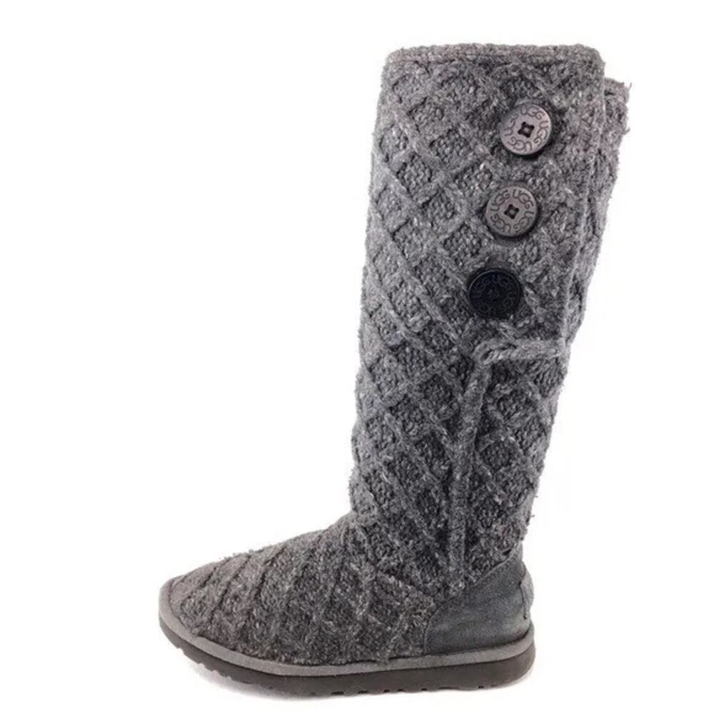 Ugg Latice Cardy Knit Boots Charcoal Gray Warm Wool Buttons Sz 8 Australia